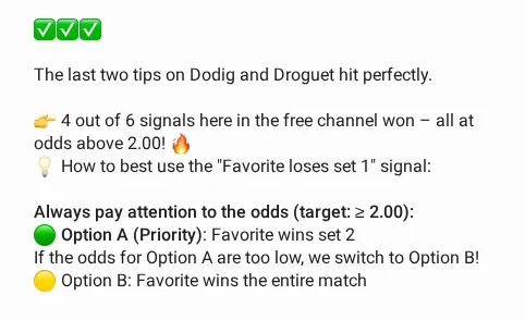 Post from the free BetAlert channel, 11 September: the last two tips on Dodig and Droguet landed, and how to use the 'Favourite loses set 1' signal